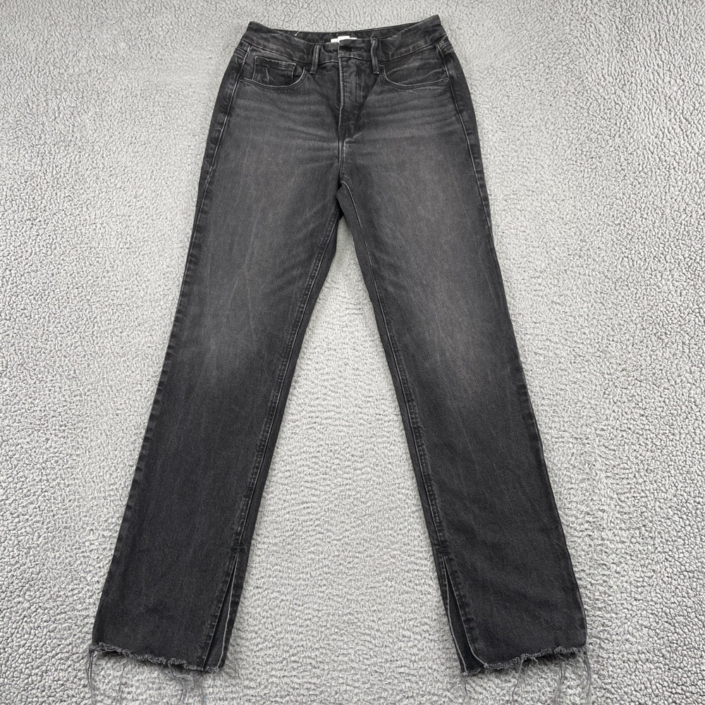 Good American Jeans Women 4/27 Black Good Straight Side Slit Raw Hem Denim